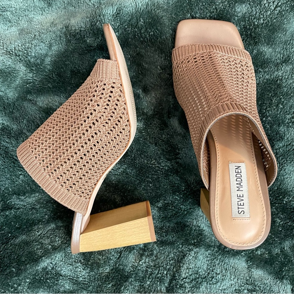 Steve Madden Knit Block Heel Mules – Size 8M Open Knit Taupe